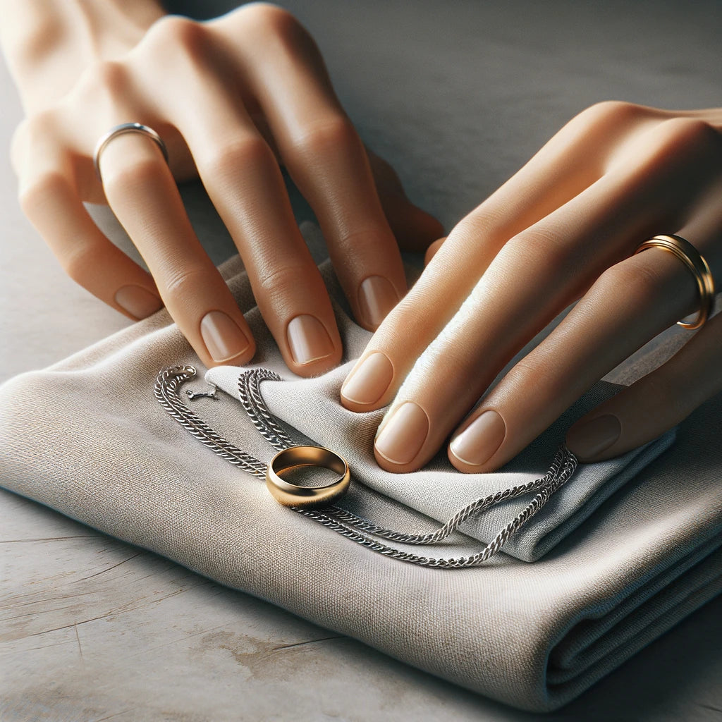 women holding gold ring and silver chain