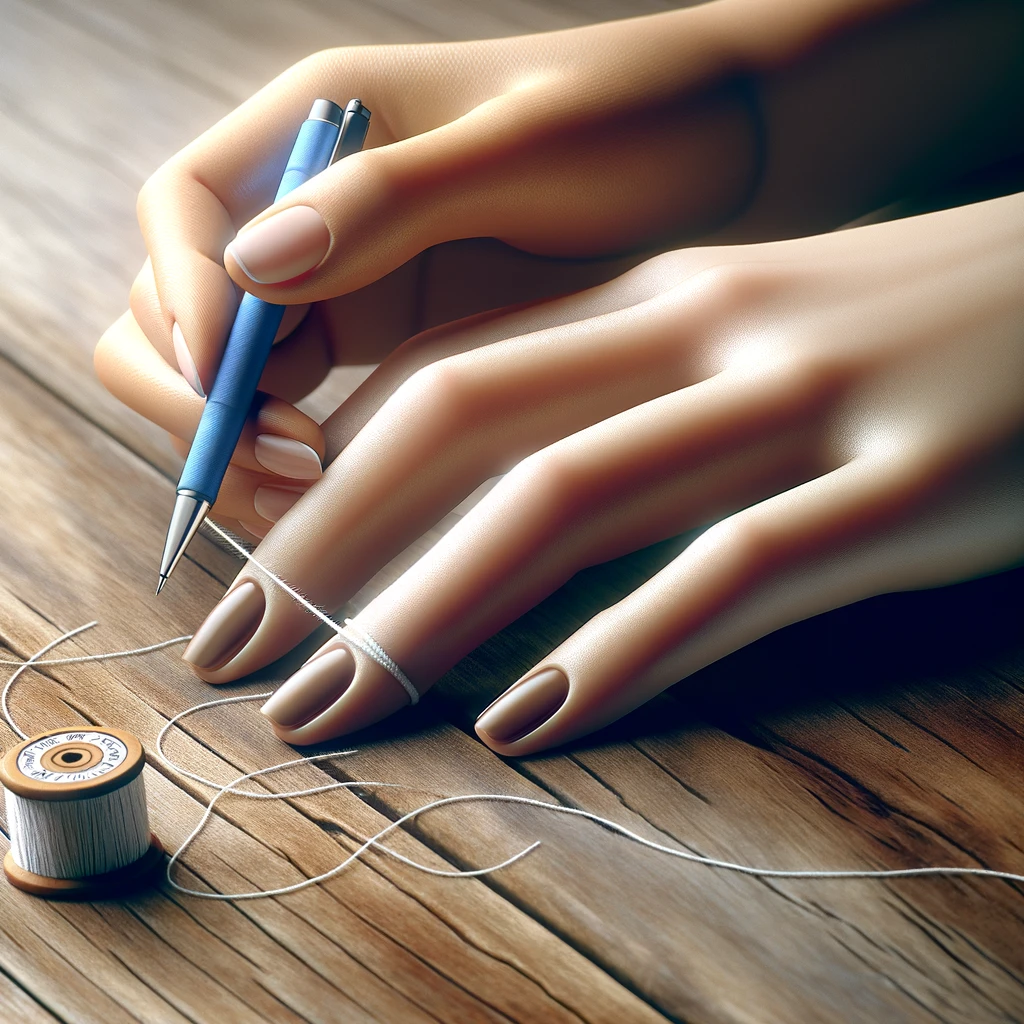 girl holds pen and thread in the fingers